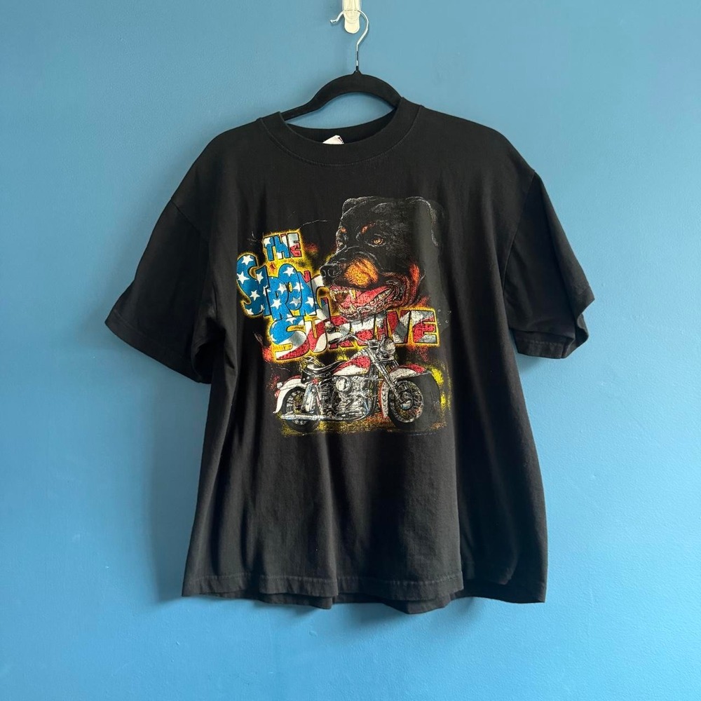 Vintage Biker T Shirt Men's Size Large Black Liberty Flag Rottweiler Dog Strong